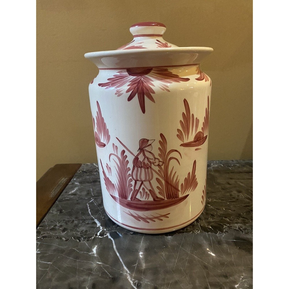 Cooley Collection MIA Red White Hand painted Man In Boat Ceramic Canister W/ Lid